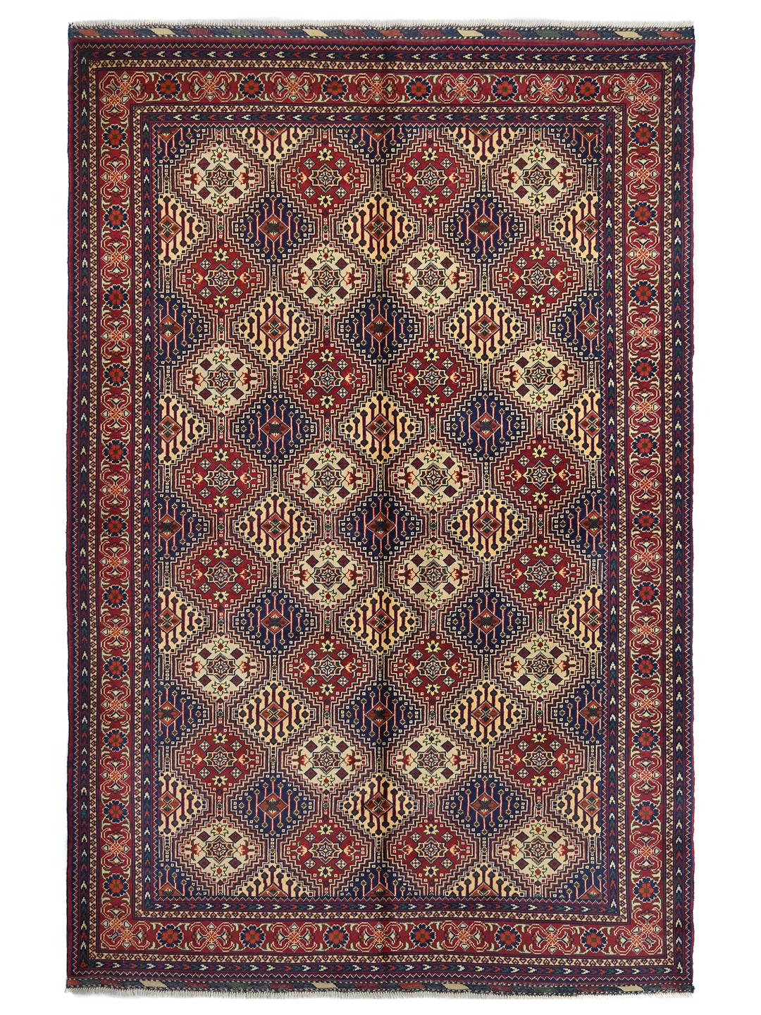 Hand-knotted Afghan Kunduz rug in deep red and blue tones