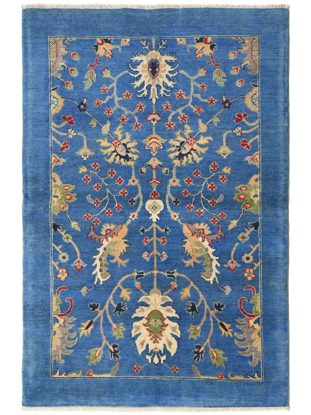 Handgeknoopt Kazak Fine wollen tapijt uit Afghanistan in blauw en beige met bloemmotieven