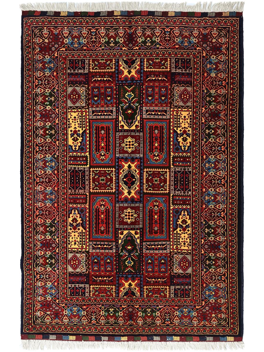Hand-knotted Kunduz rug from Afghanistan in dark-red and multicolour tones