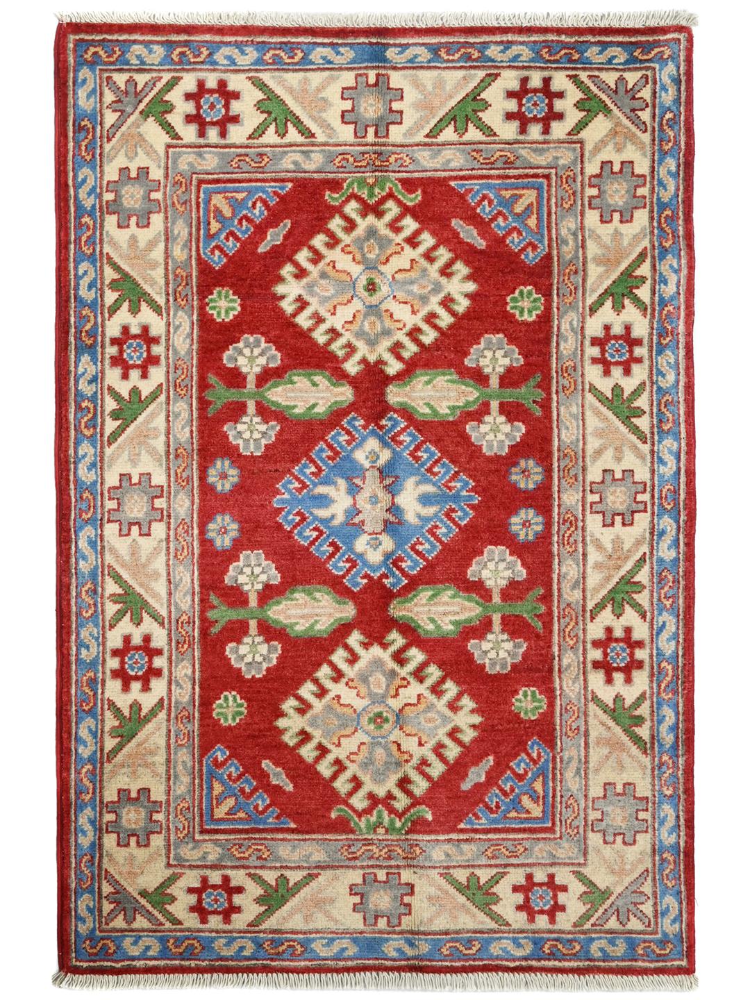Hand-knotted Kazak Fine wool rug from Afghanistan in red and blue