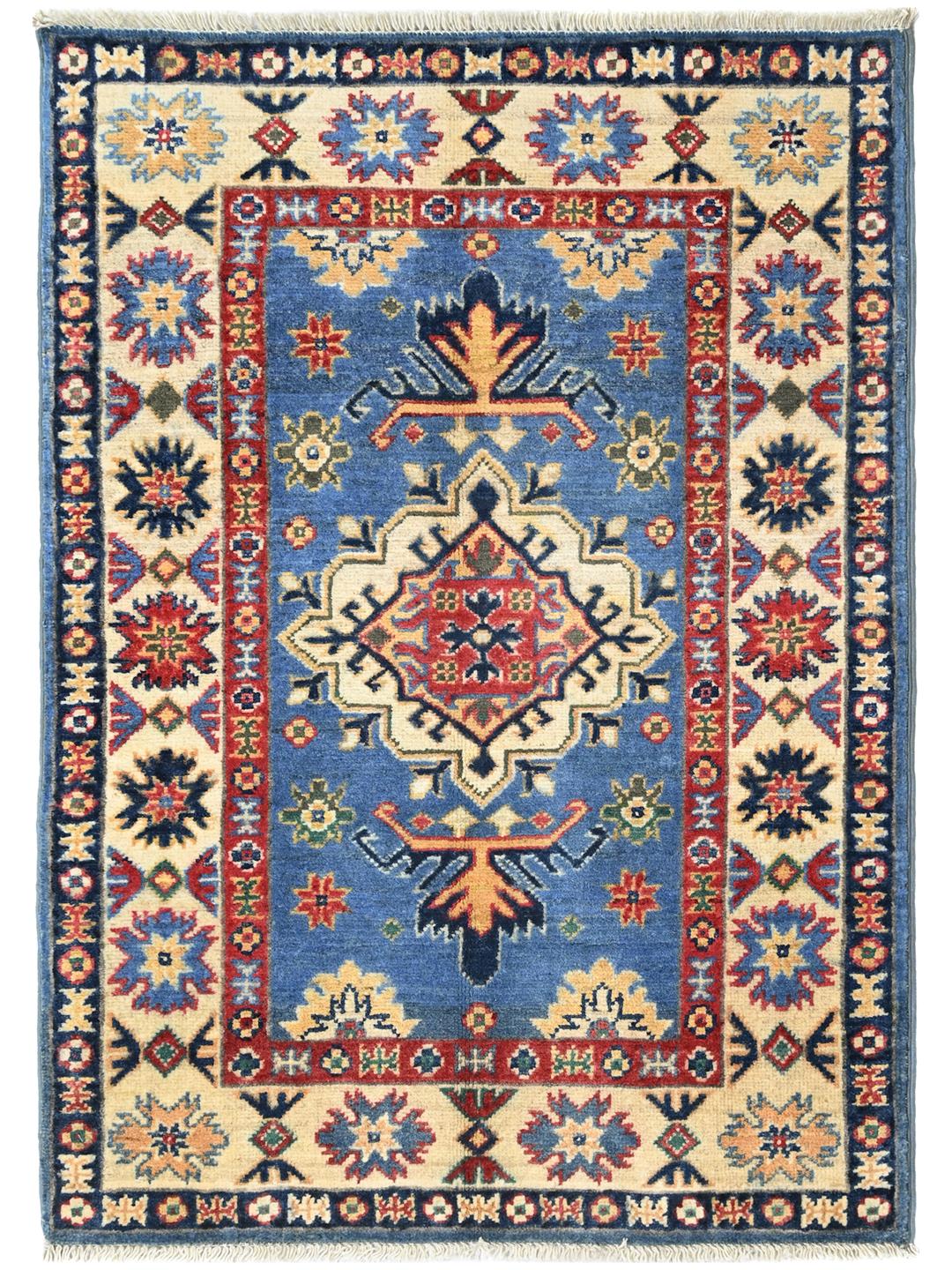 Handgeknoopt Kazak Fine tapijt uit Afghanistan in blauw en meerkleurig