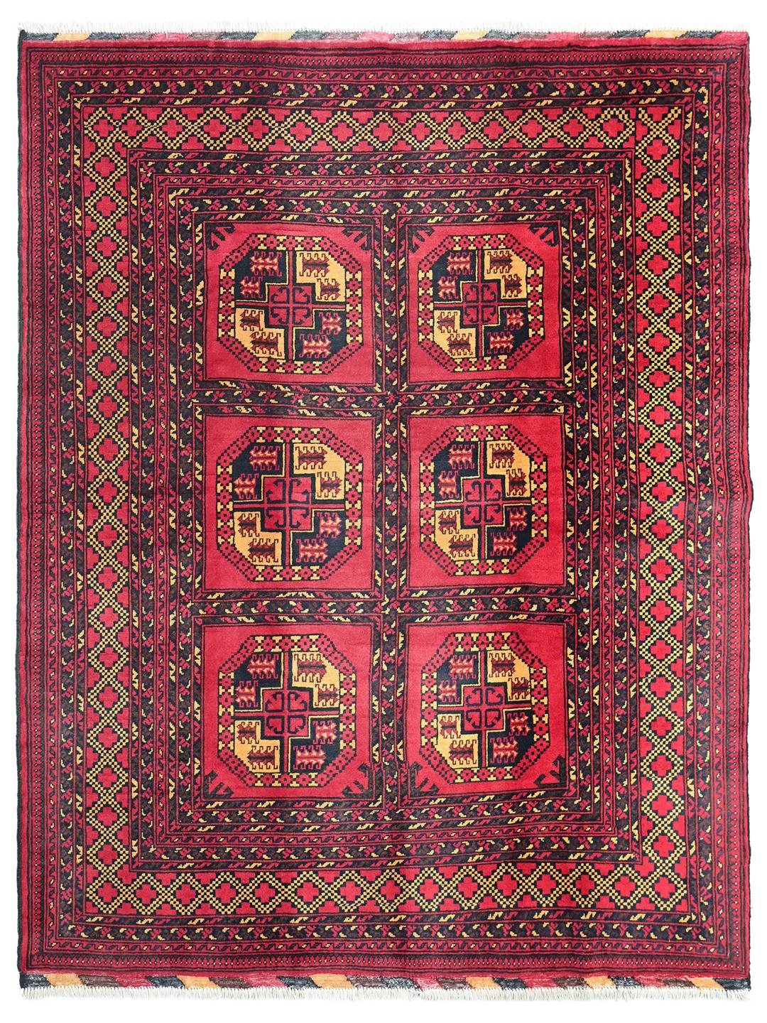 Hand-knotted Middle Eastern Kunduz rug in deep red and black tones