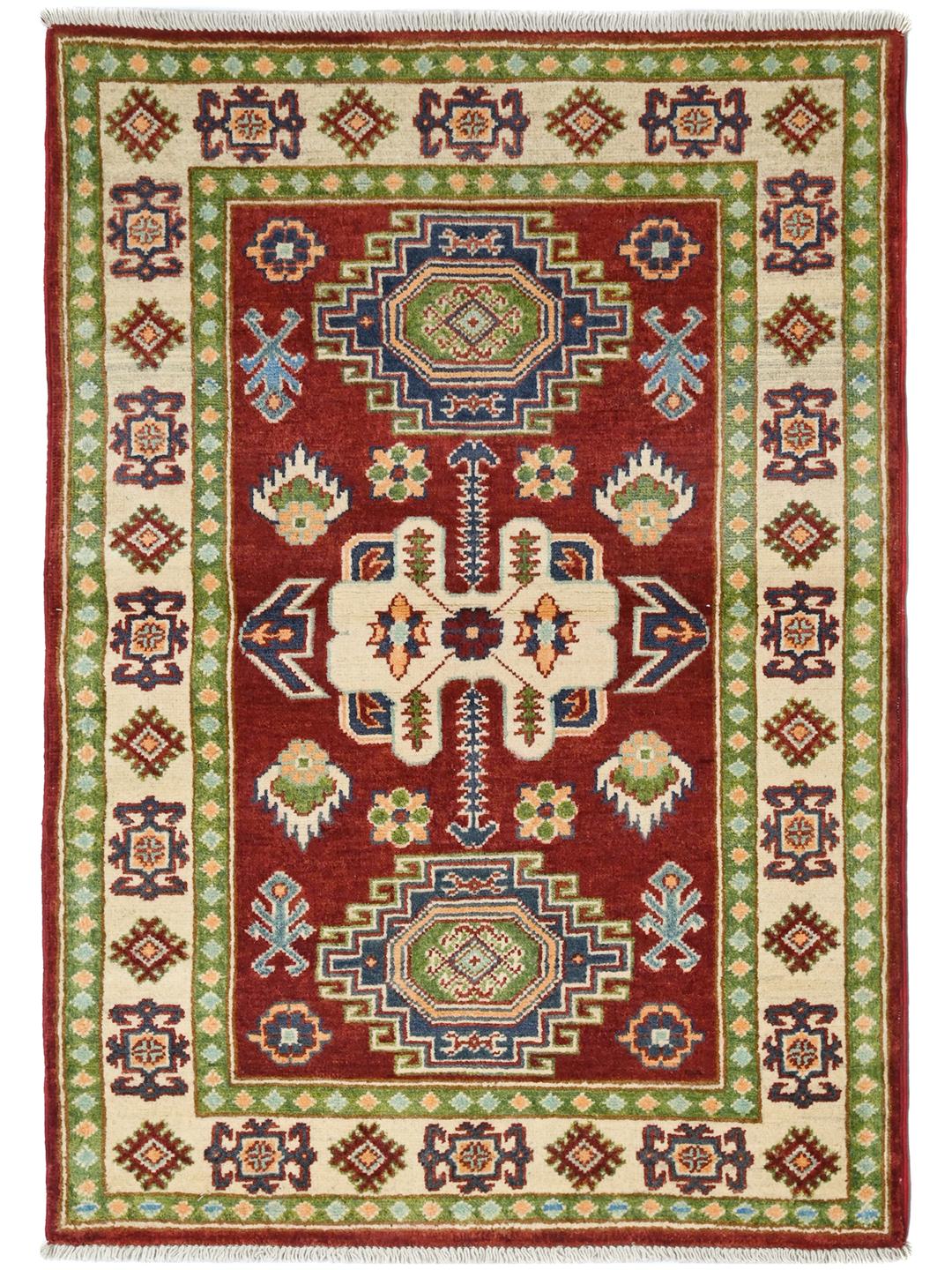 Alfombra Kazak de 100% lana roja y beige anudada a mano procedente de Afganistán