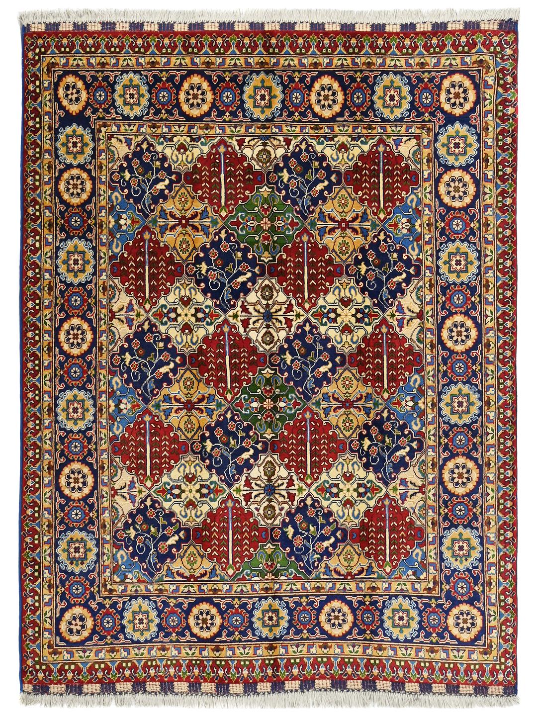 Hand-knotted Middle Eastern Kunduz rug with multicolor geometric patterns.