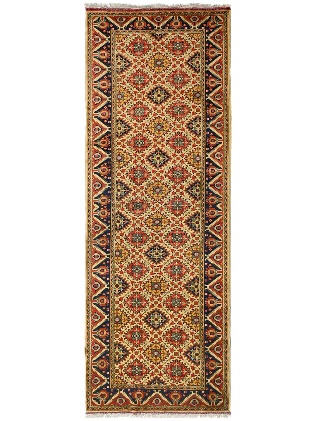Tapis de couloir Kunduz noué à la main venant d'Afghanistan dans des tons rouges et bleus