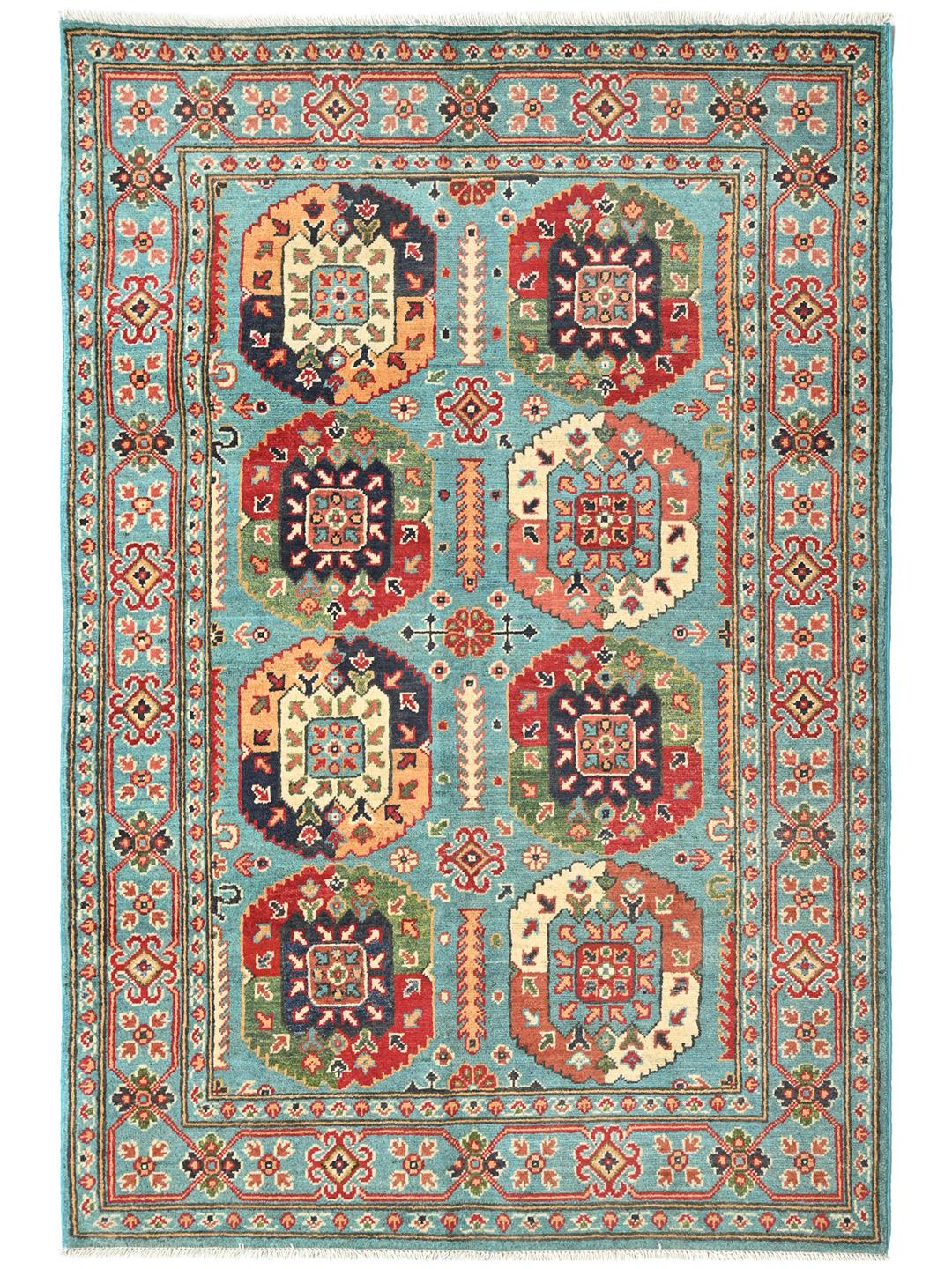Covor din lână Kazak Fine înnodat manual din Afganistan în nuanțe de albastru deschis și multicolor