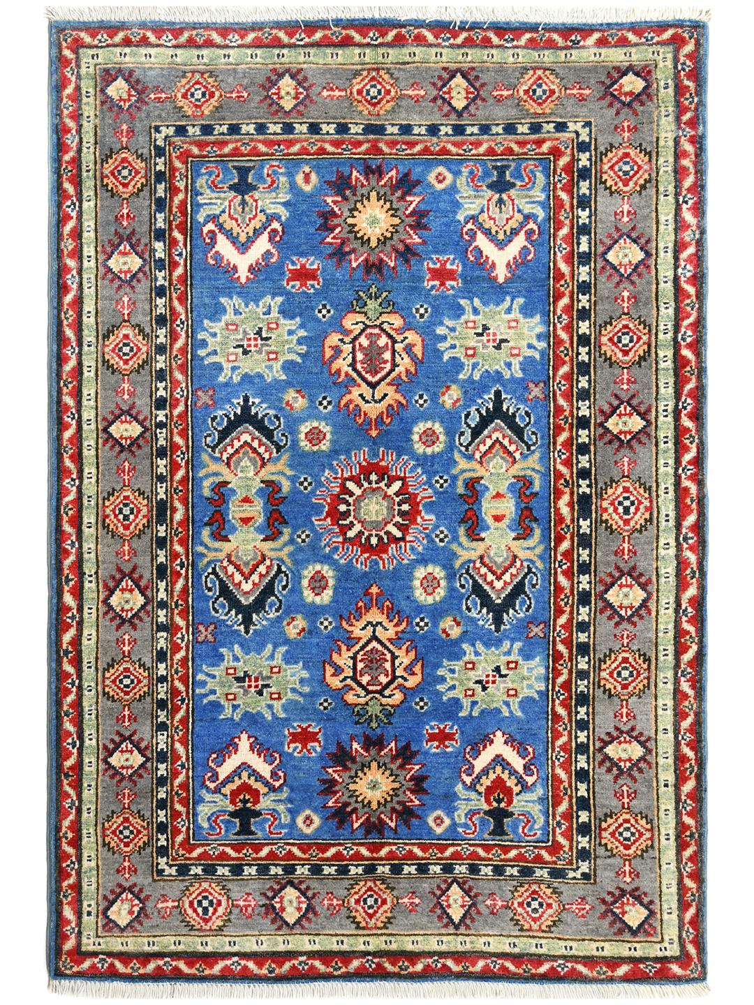 Hand-knotted Kazak Fine wool rug from Afghanistan in blue and red