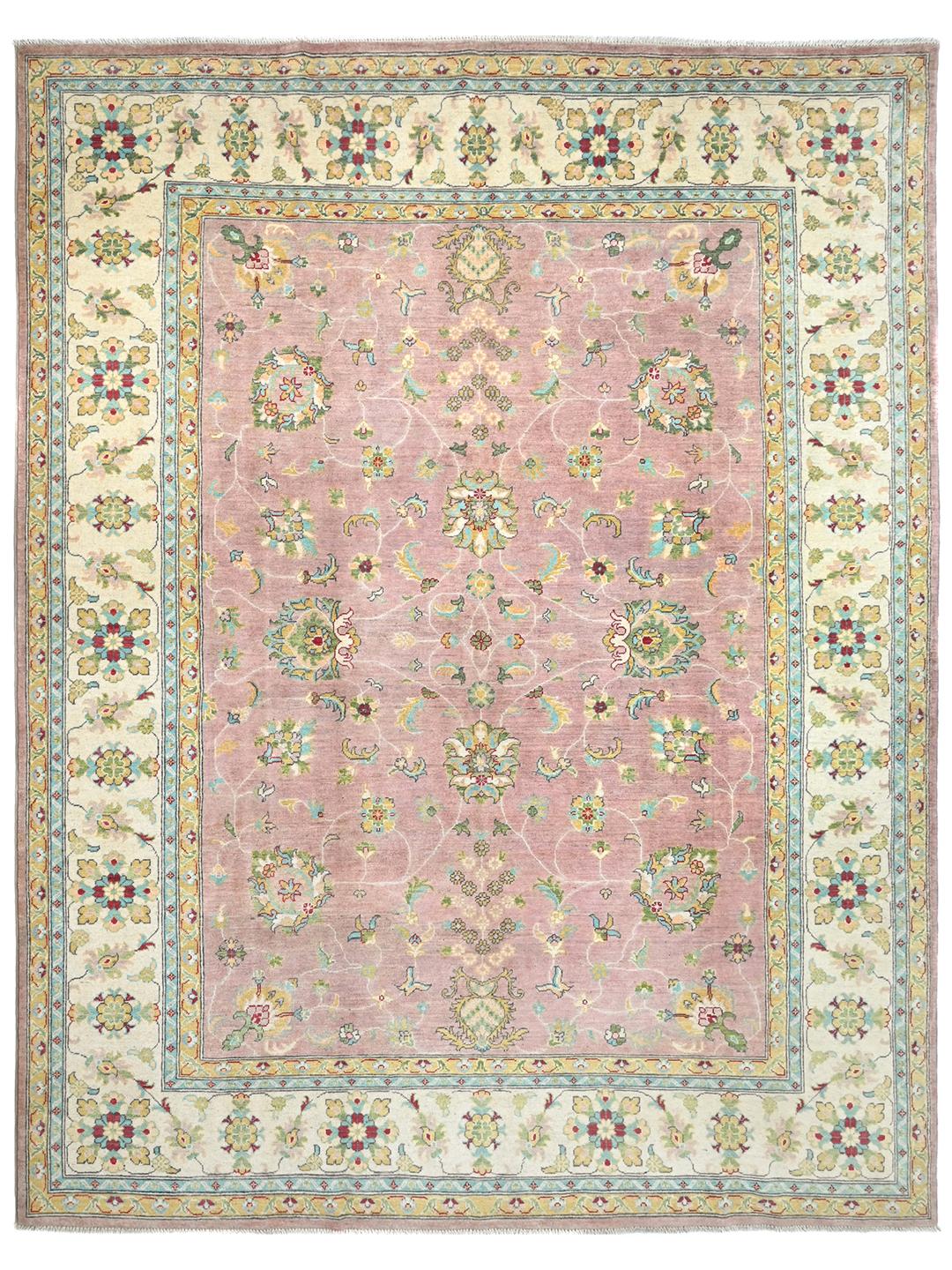 Tapis en laine noué main d'Afghanistan en rose clair et crème avec des détails floraux
