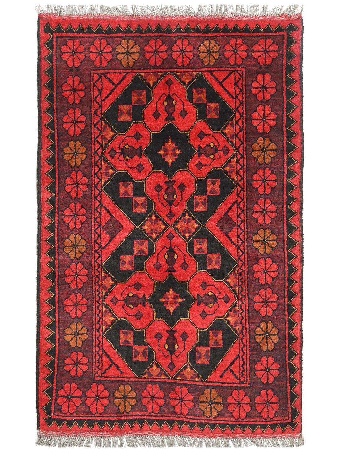 Hand-knotted Afghan Khal Mohammadi rug in red and black