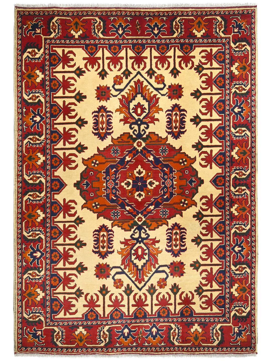 Hand-knotted Kunduz wool rug in beige and dark-red from Afghanistan