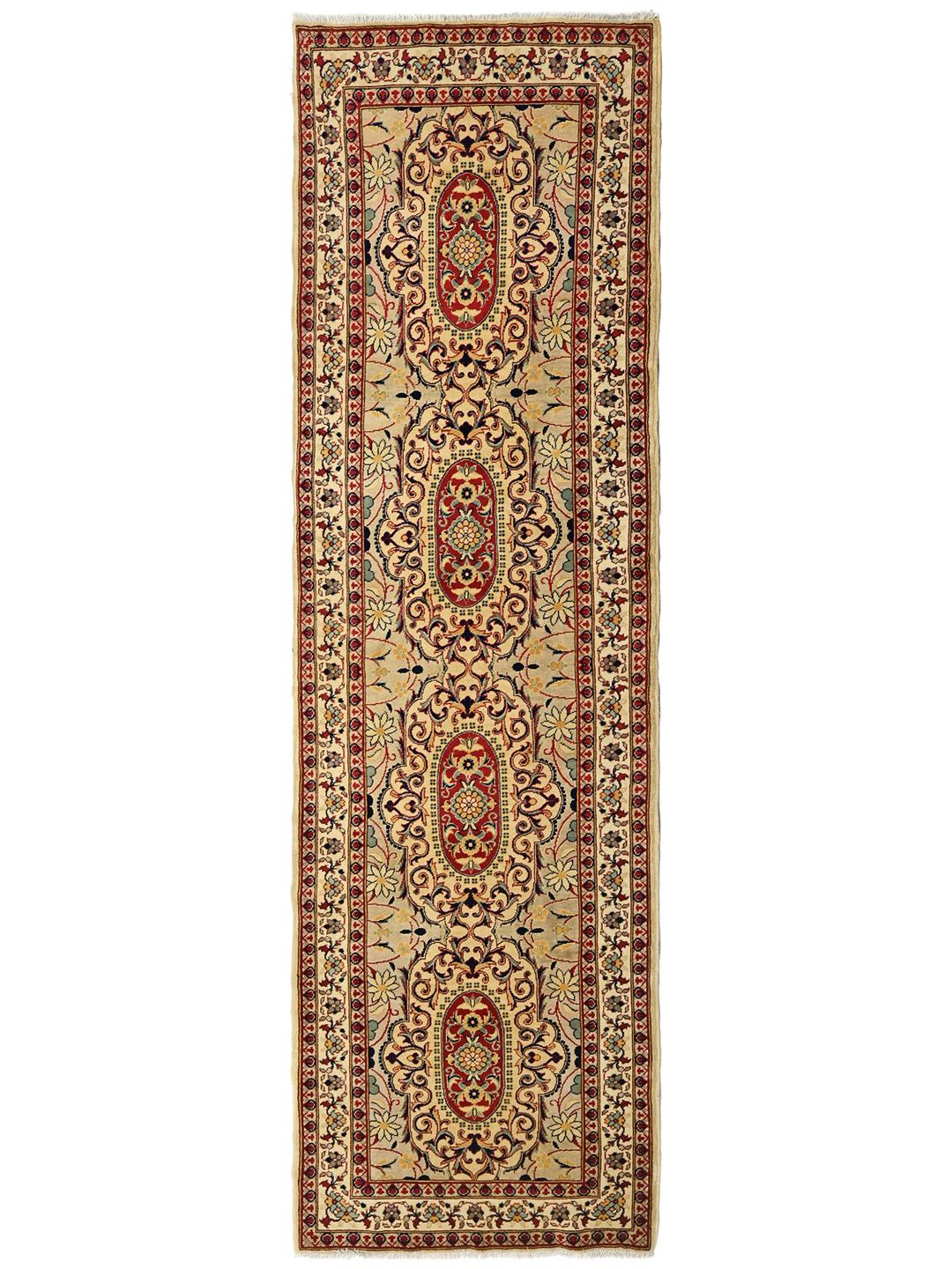 Tapis couloir afghan fait main en beige avec des motifs detailles