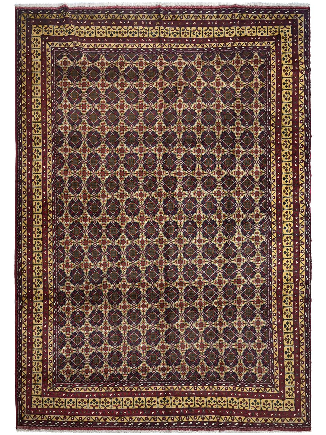 Hand-knotted Kunduz rug from the Middle East with a dark-red and beige geometric pattern.