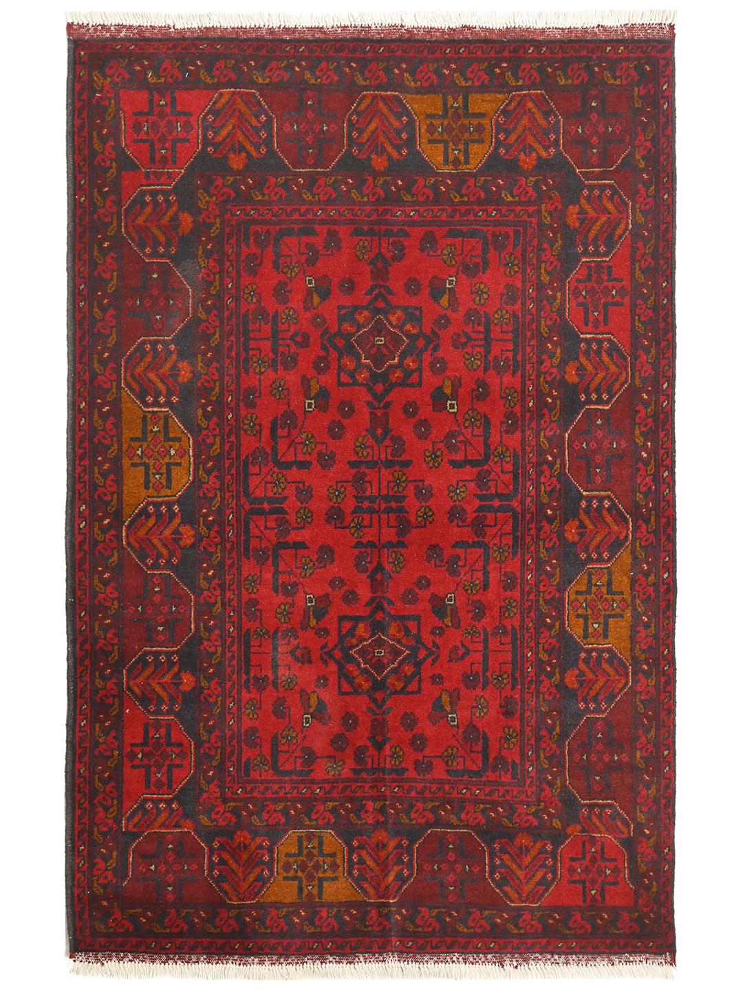 Handgeknoopt Afghaans Khal Mohammadi wollen kleed in rood en donkerblauw