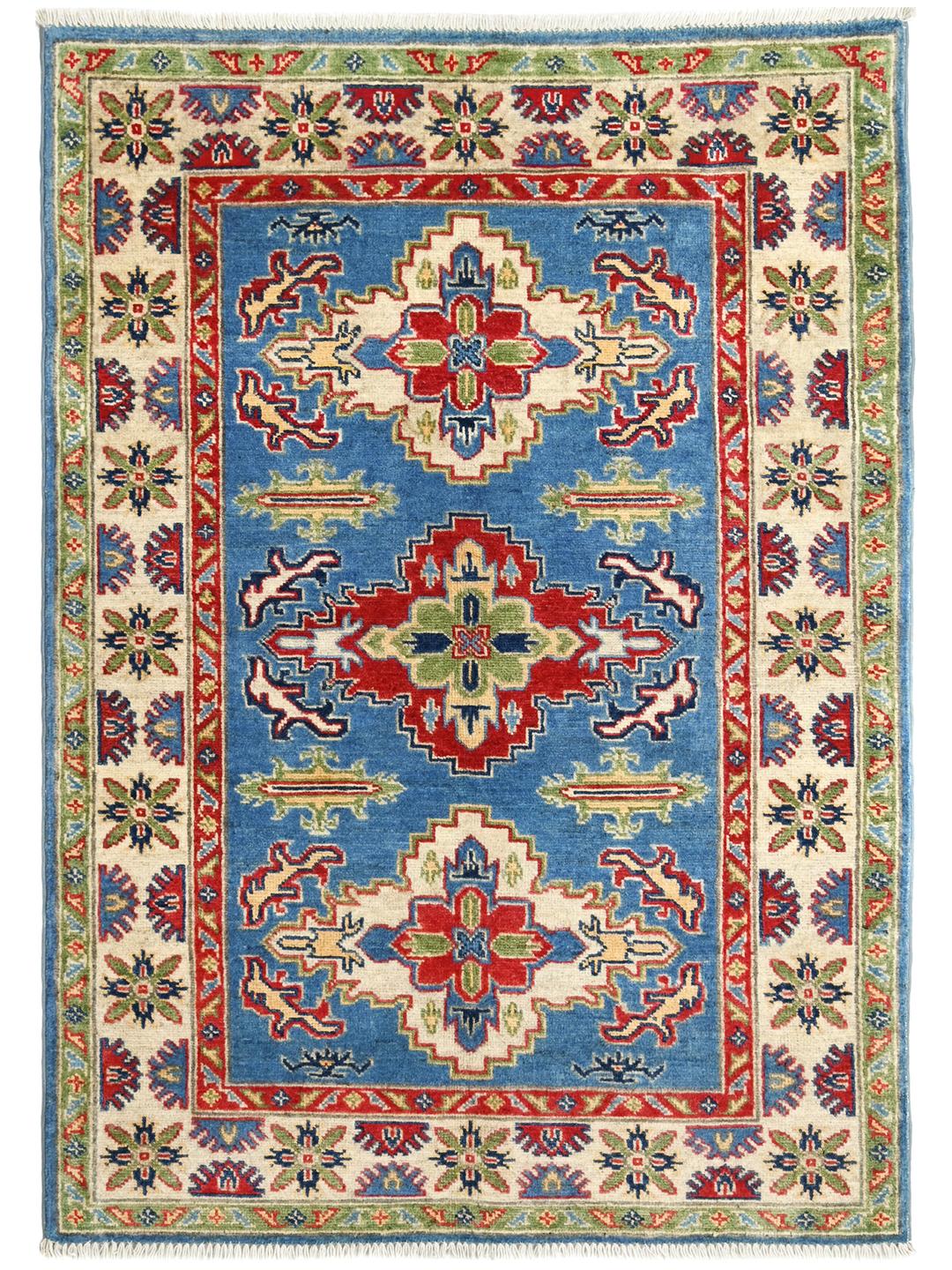 Handgeknoopt Kazak Fine wollen tapijt uit Afghanistan in blauw en meerkleurig
