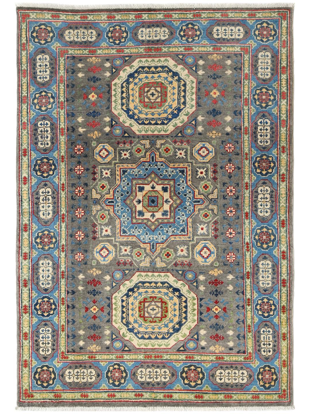 Handgeknüpfter Kazak Fine Wollteppich aus Afghanistan in Dunkelgrau und Blau