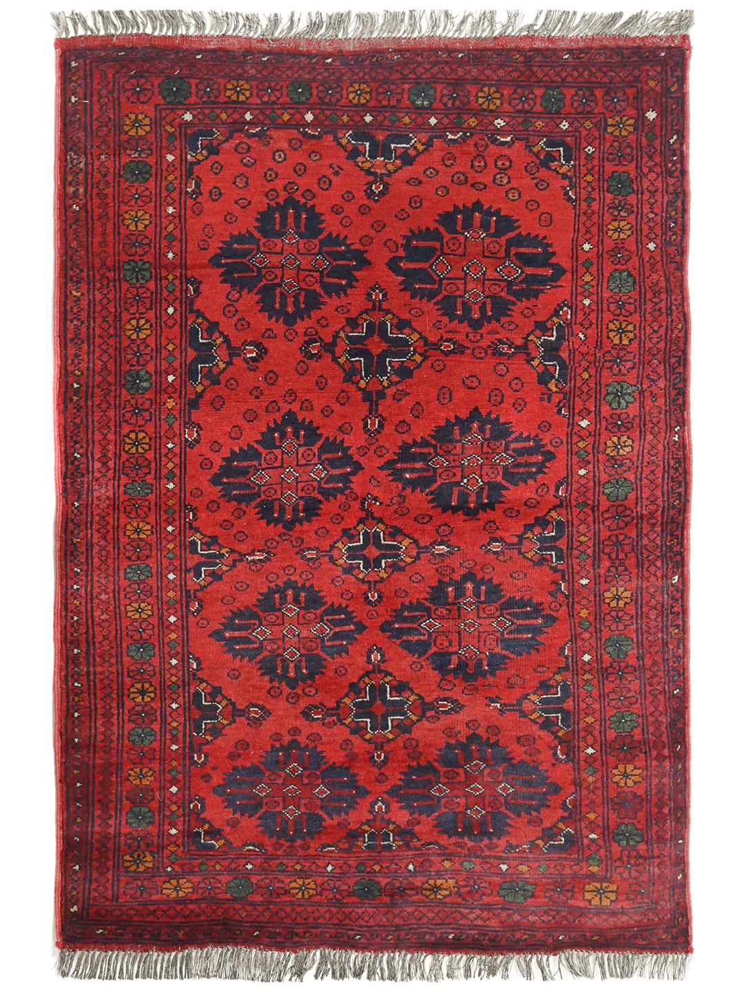 Hand-knotted Afghan Khal Mohammadi rug in red and dark-blue