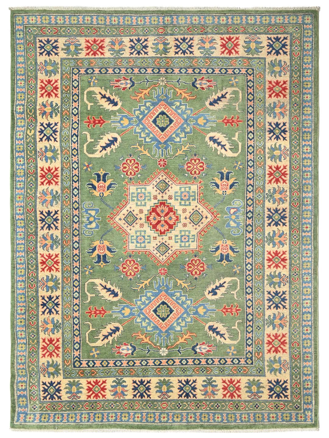 Covor Kazak Fine înnodat manual din Afganistan în nuanțe de verde și multicolor