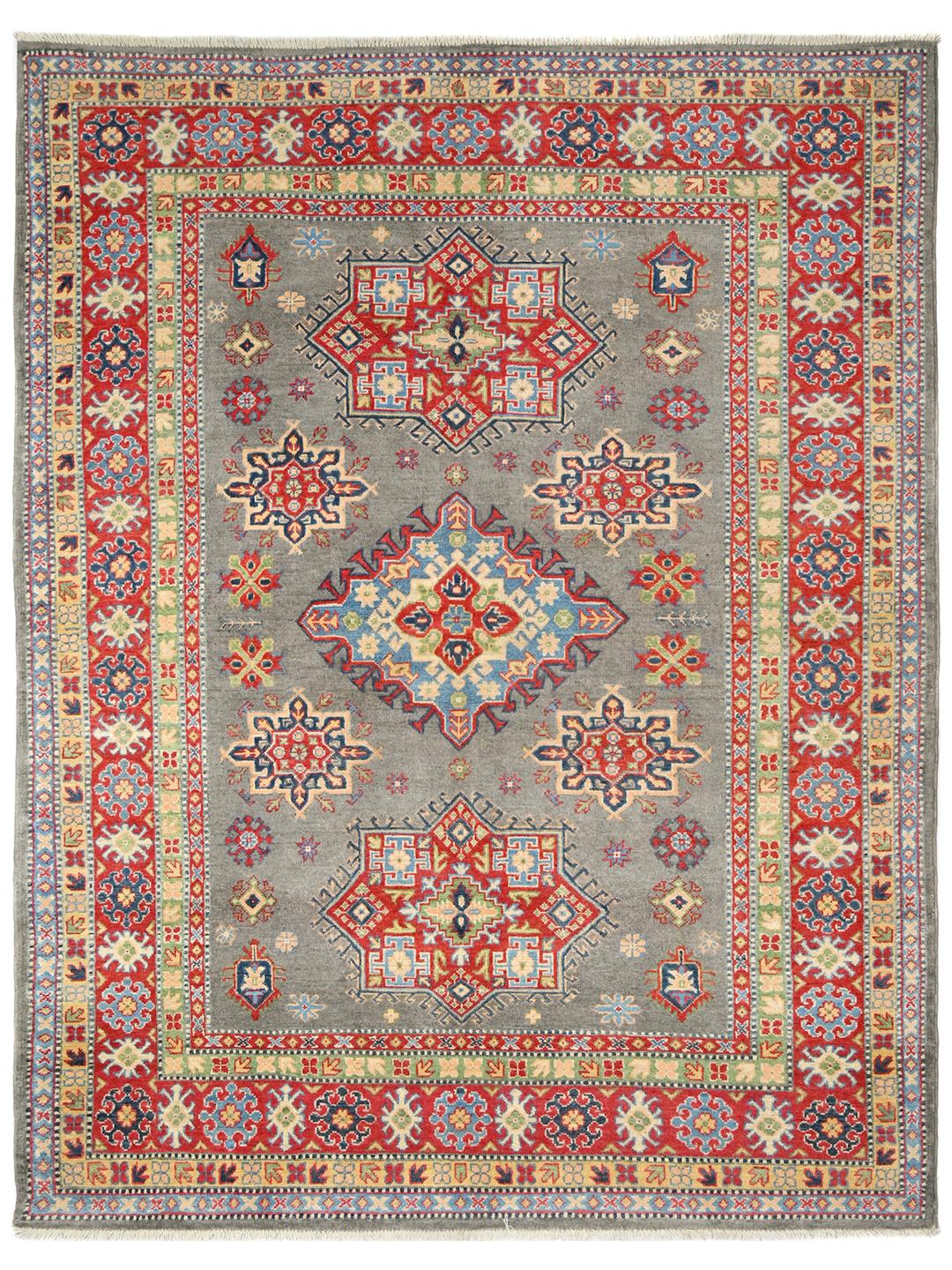 Hand-knotted Kazak Fine wool rug in grey and red from Afghanistan