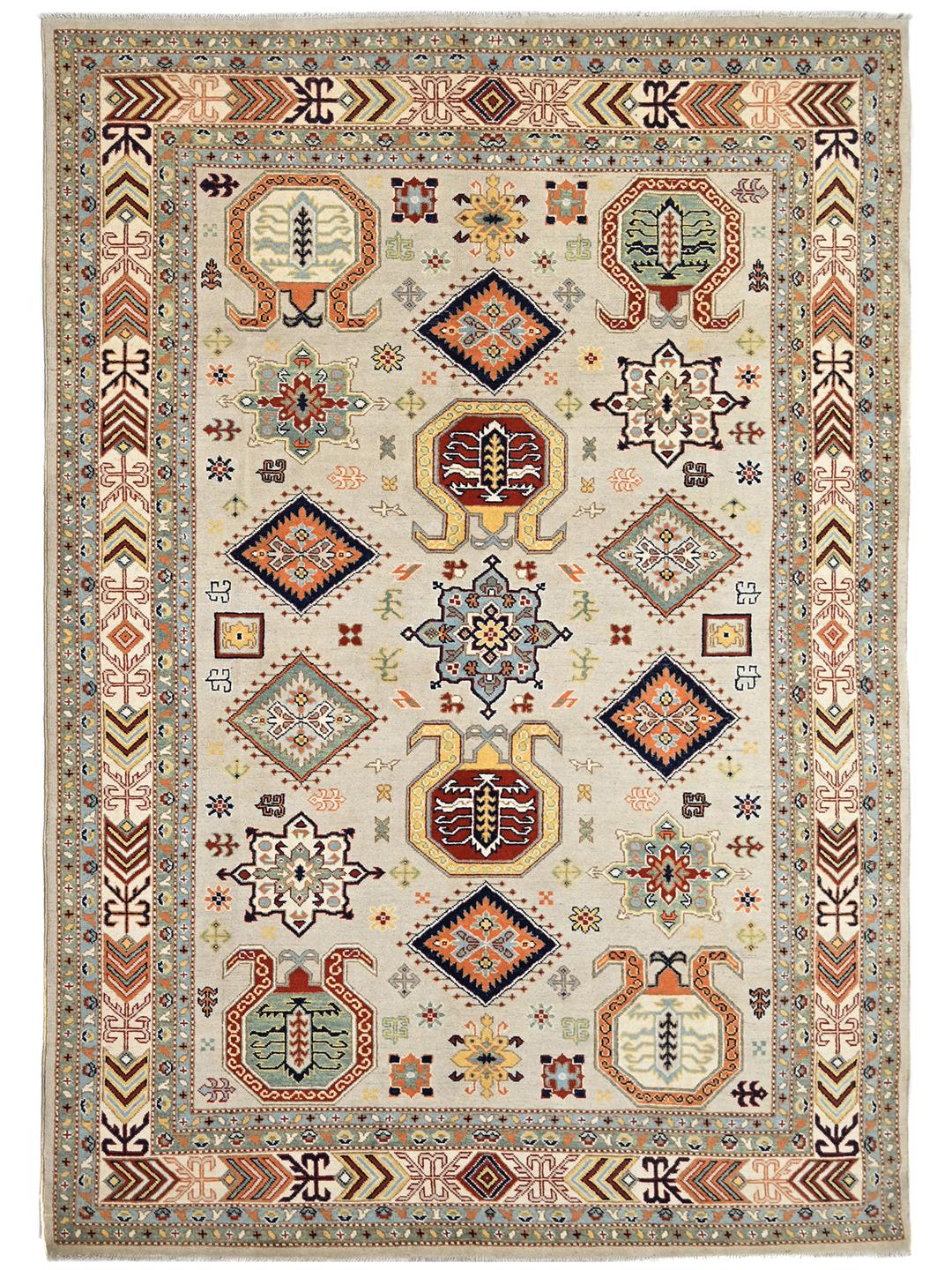 Hand-knotted Kazak Fine wool rug from Afghanistan in beige and multicolor