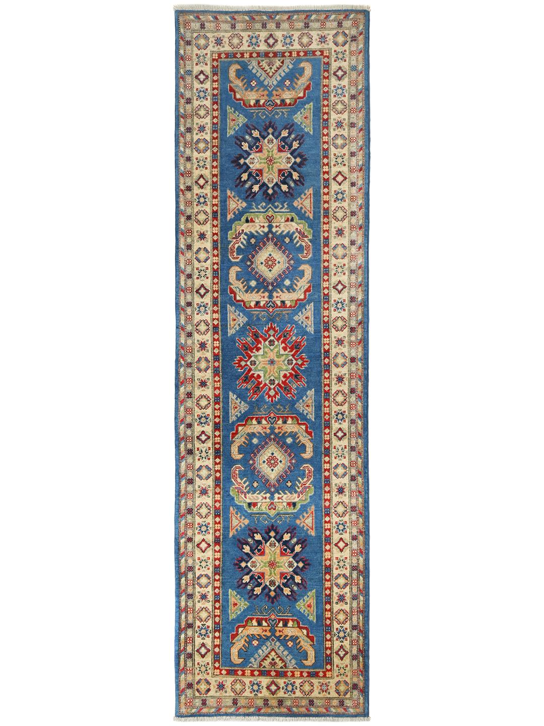 Handgeknoopte Kazak Fine wollen loper uit Afghanistan in blauw en beige