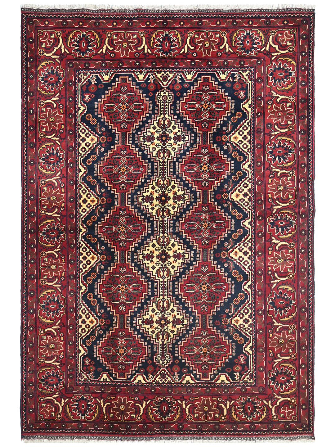 Handmade Afghan Kunduz rug in red and dark blue