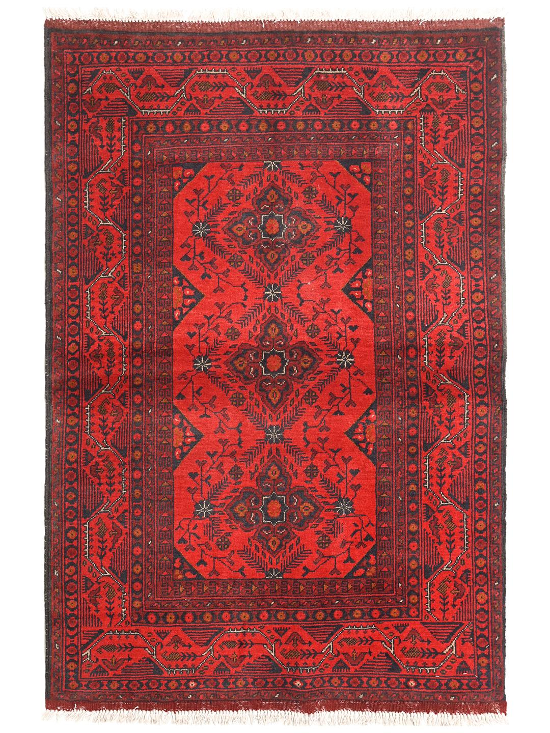 Hand-knotted Afghan Khal Mohammadi wool rug in red and black
