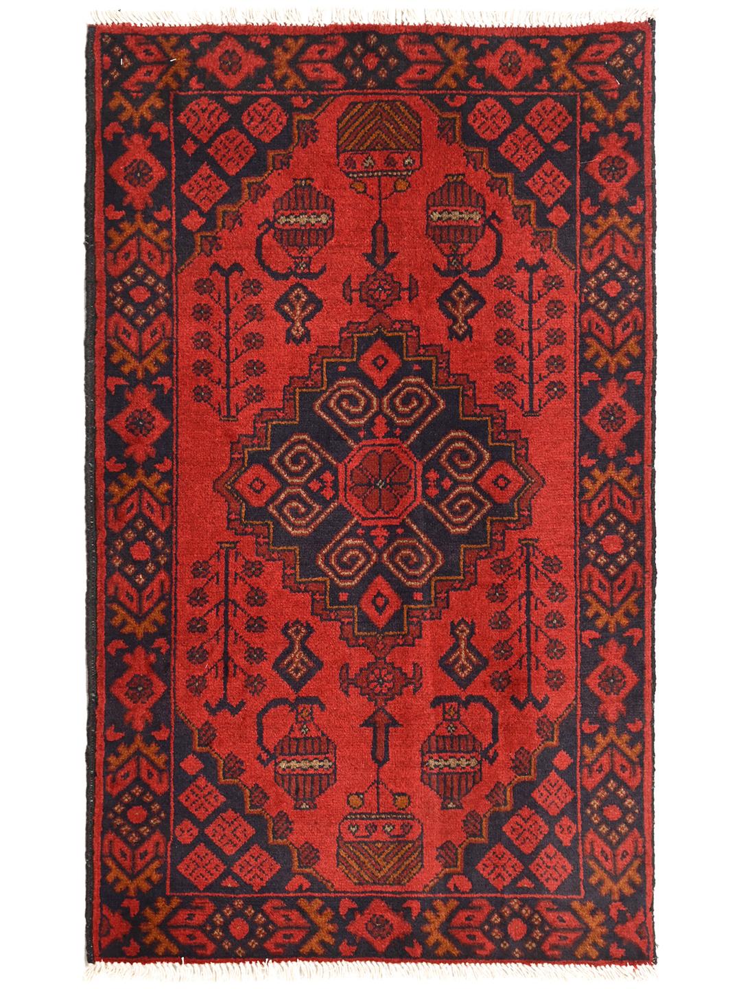 Hand-knotted Afghan Khal Mohammadi rug in red and black