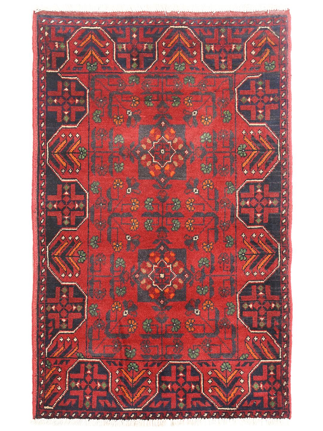 Handgeknoopt rood en donkerblauw Afghaans Khal Mohammadi wollen tapijt