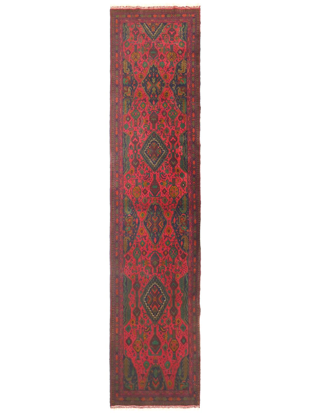 Hand-knotted Afghan runner rug in red and dark-blue wool