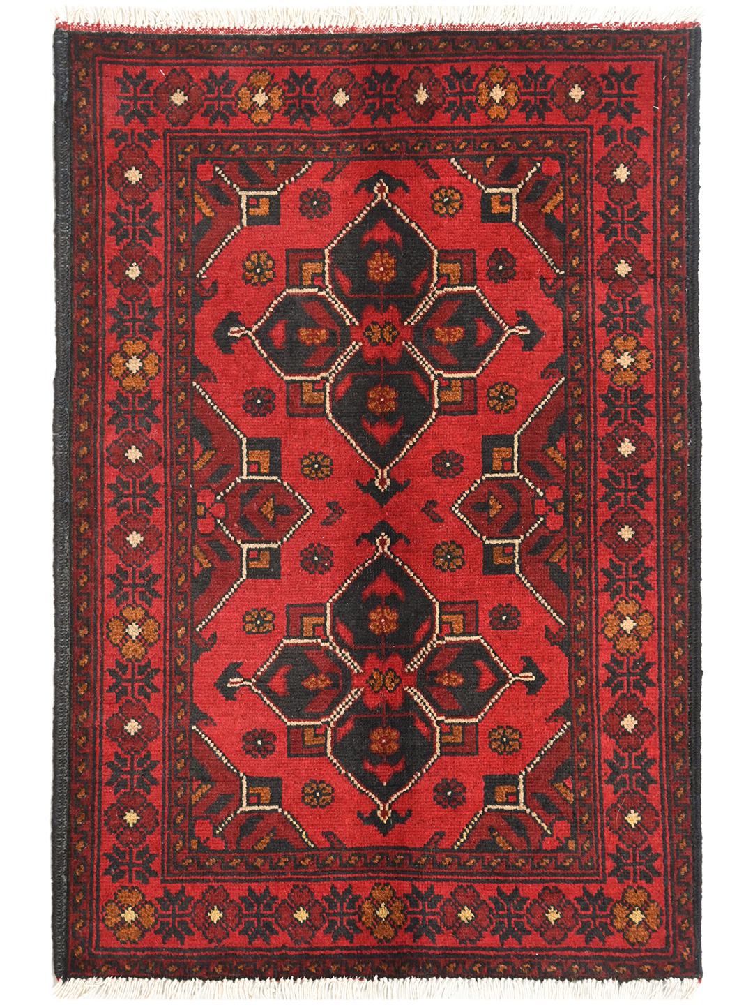 Hand-knotted red Afghan Khal Mohammadi wool rug with dark-grey medallions