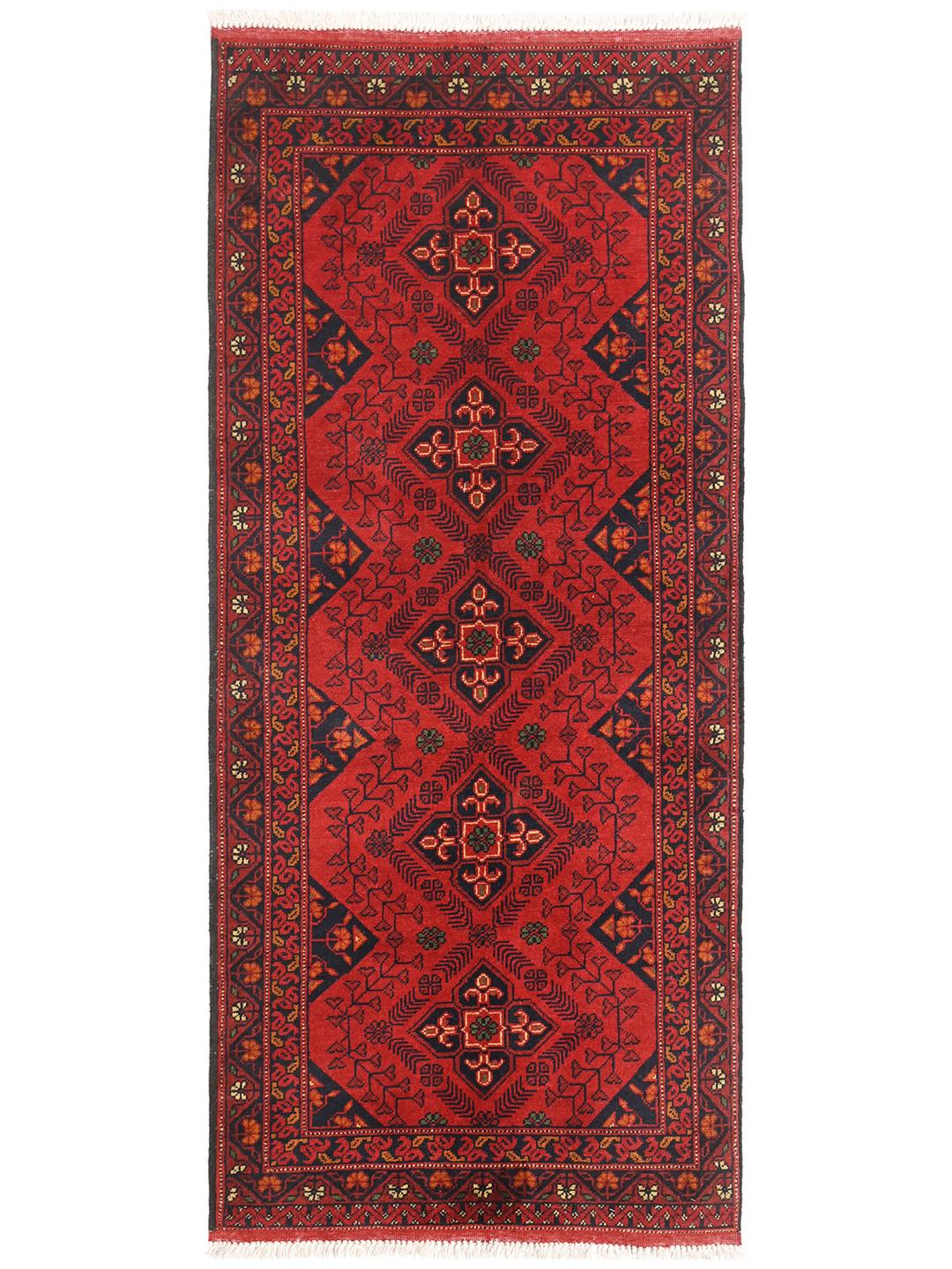 Hand-knotted Afghan Khal Mohammadi wool runner in red and dark-grey