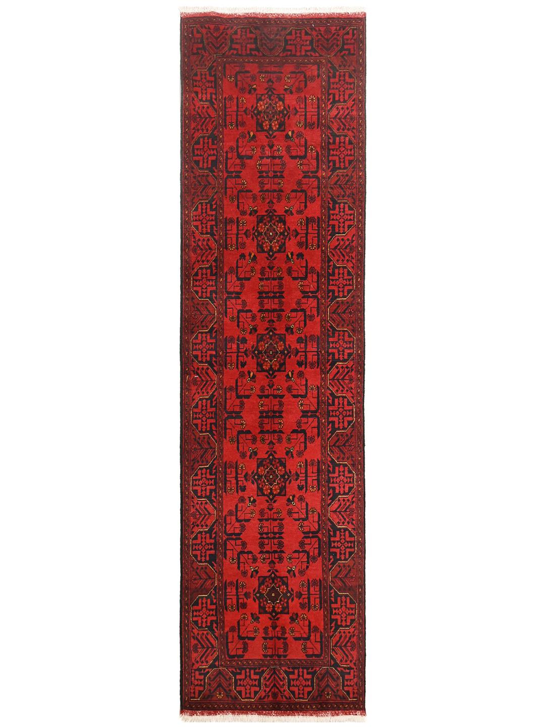 Tapis couloir Afghan Khal Mohammadi noué à la main en rouge et noir