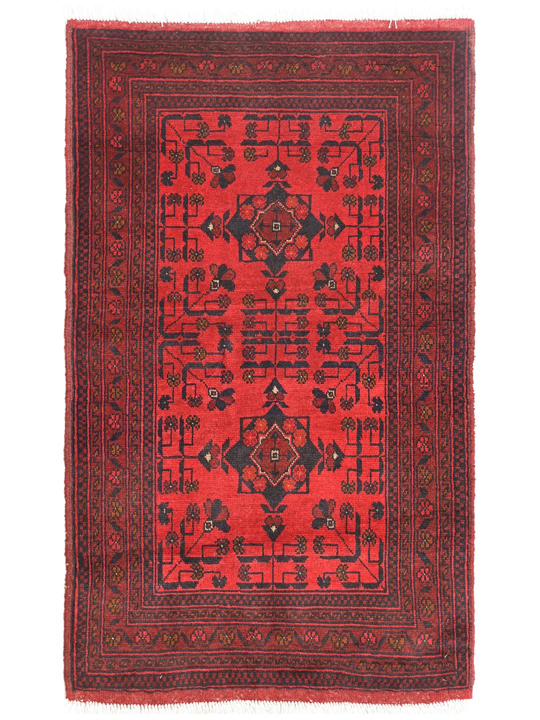 Hand-knotted Afghan Khal Mohammadi rug in red and black