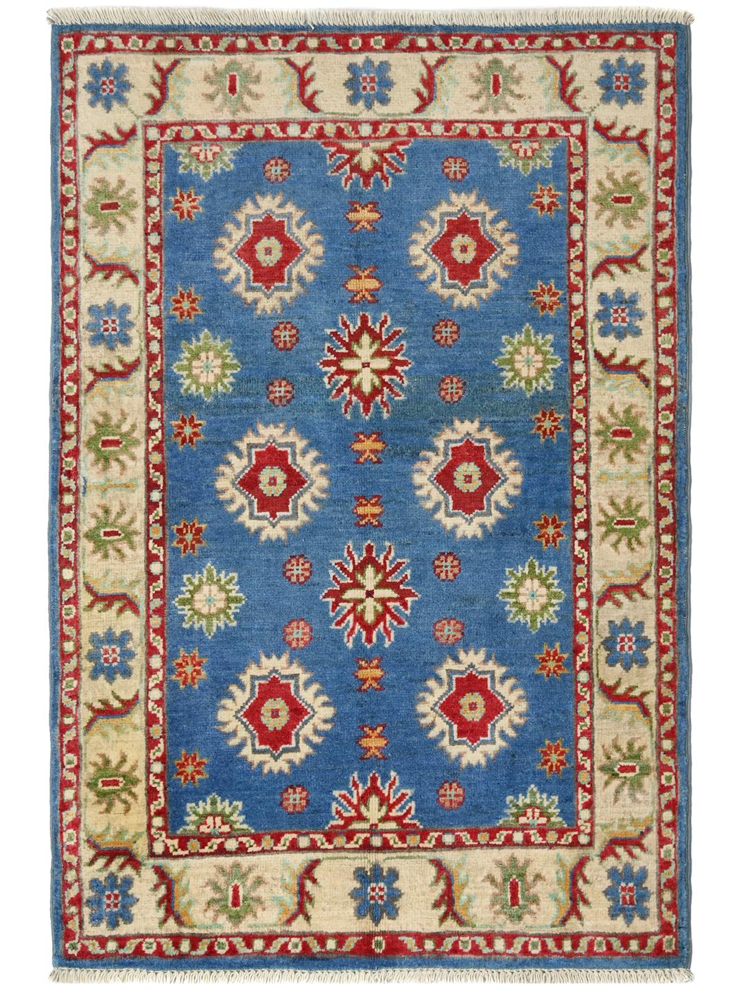 Handgeknoopt Kazak Fine wollen vloerkleed in blauw en rood uit Afghanistan