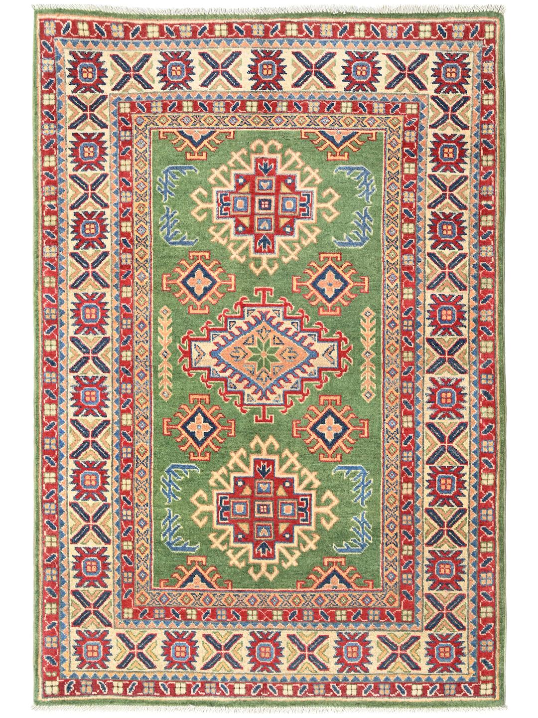Hand-knotted Kazak Fine rug from Afghanistan in green and multicolor