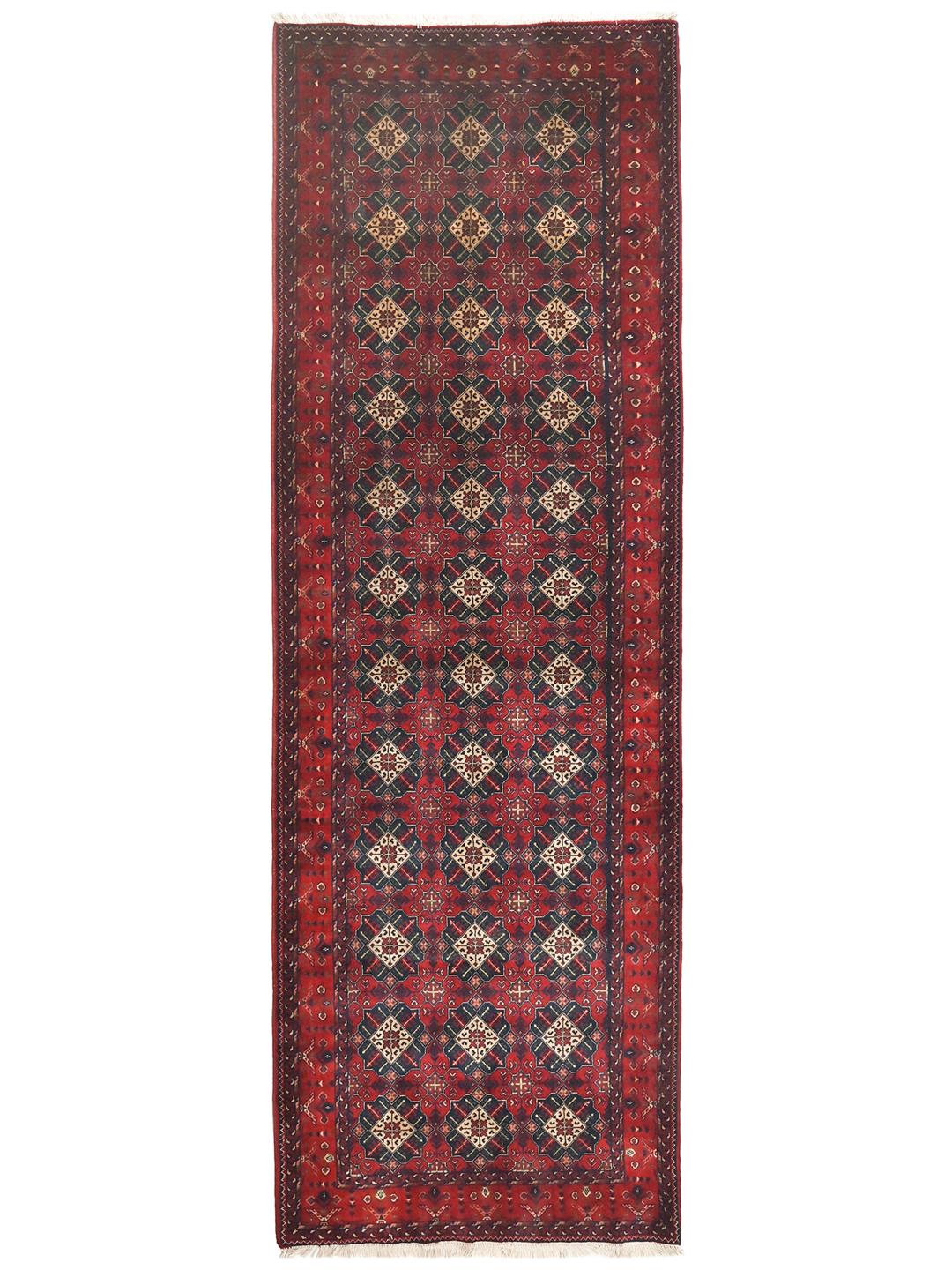Tapis couloir noué main d'Afghanistan en rouge foncé et bleu foncé