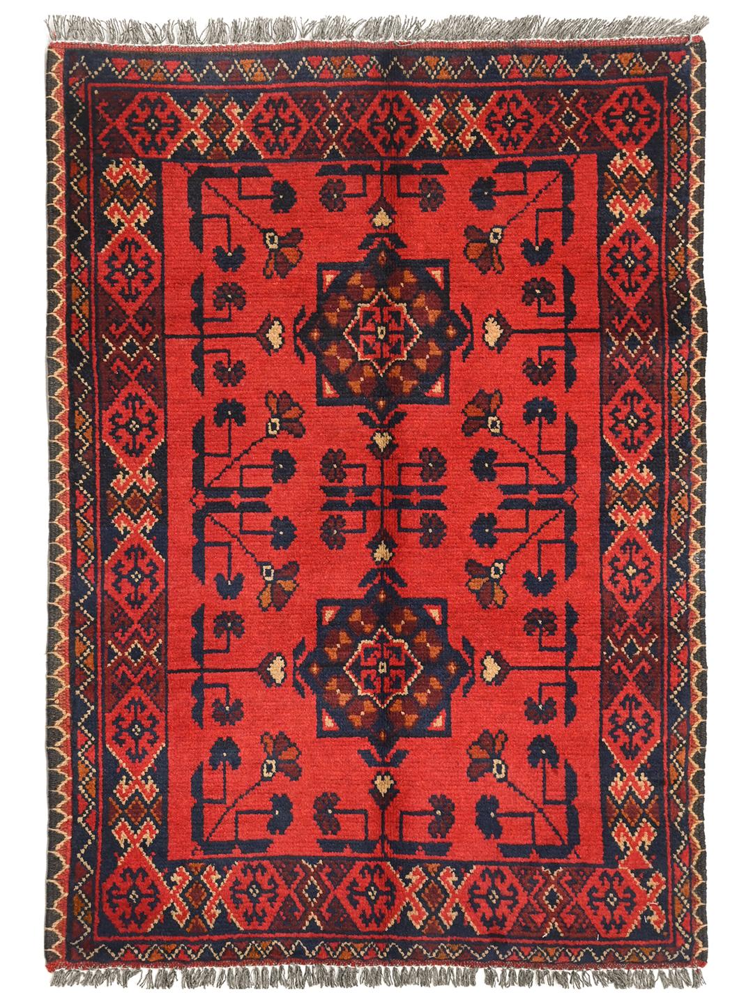 Tapis Afghan Khal Mohammadi noué à la main en rouge et bleu foncé