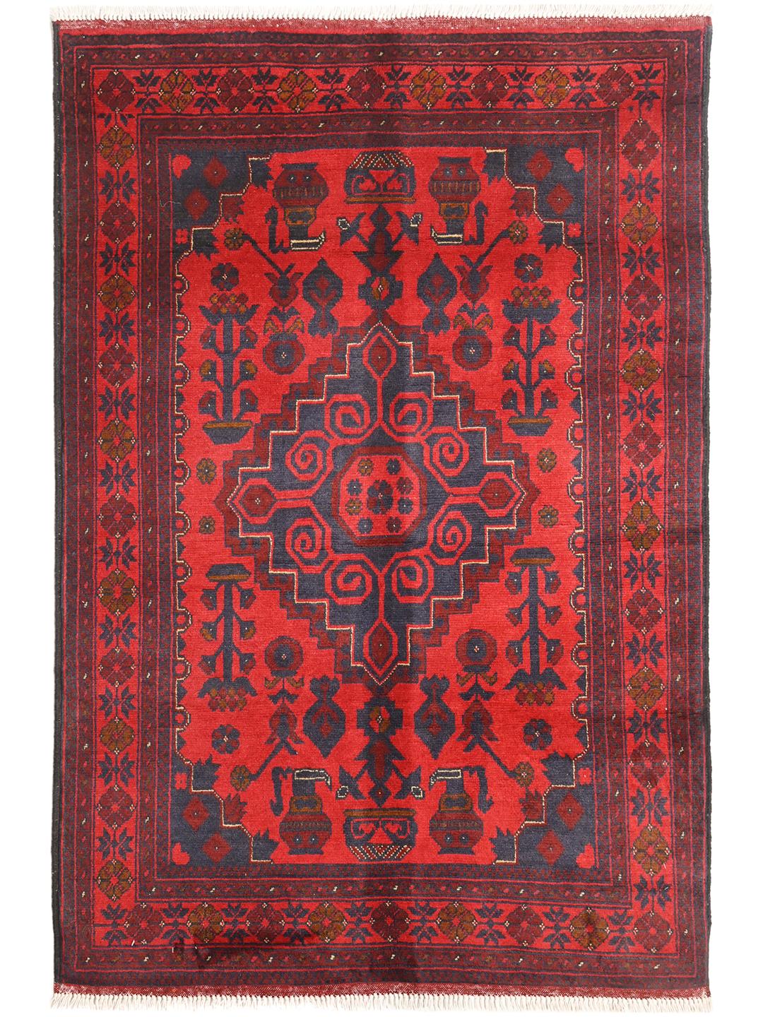 Hand-knotted Afghan Khal Mohammadi wool rug in red and dark blue