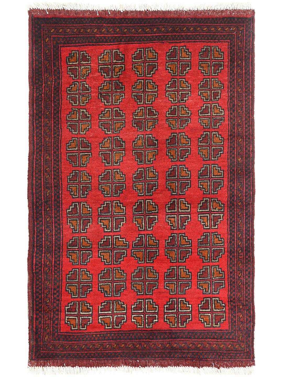Hand-knotted Afghan Khal Mohammadi wool rug in red and dark-blue