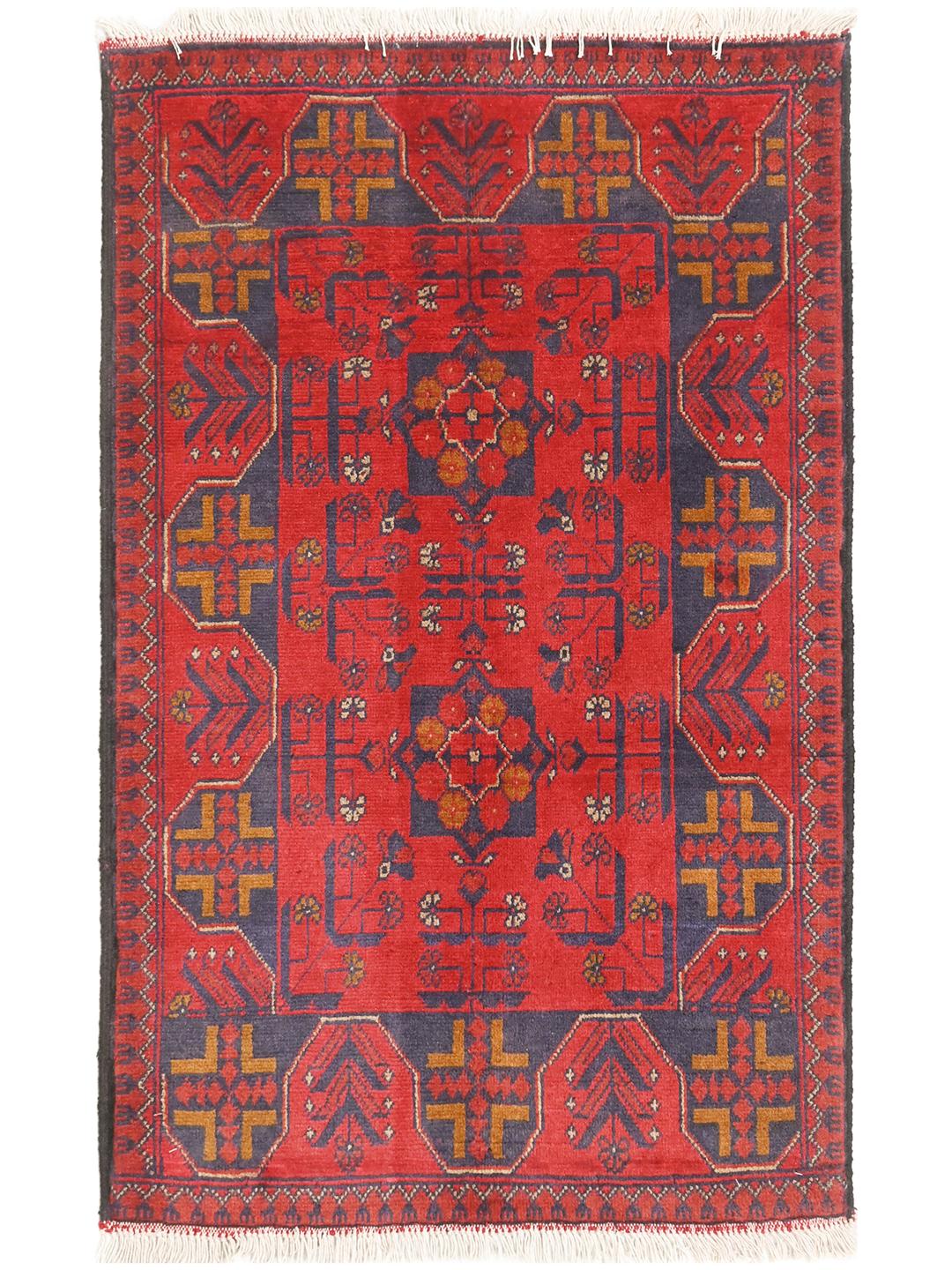 Tapis en laine rouge et bleu foncé noué à la main provenant d'Afghanistan