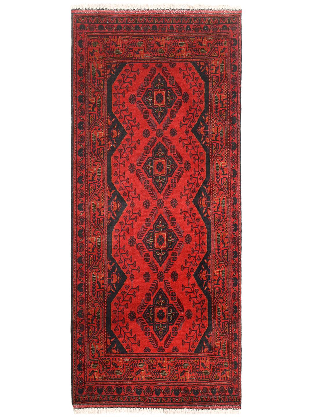 Tapis de couloir Afghan Khal Mohammadi noué à la main en laine rouge et noire