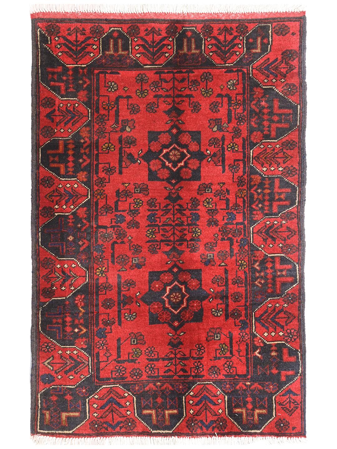 Handgeknoopt rood en donkerblauw Afghaans Khal Mohammadi wollen tapijt met medaillons