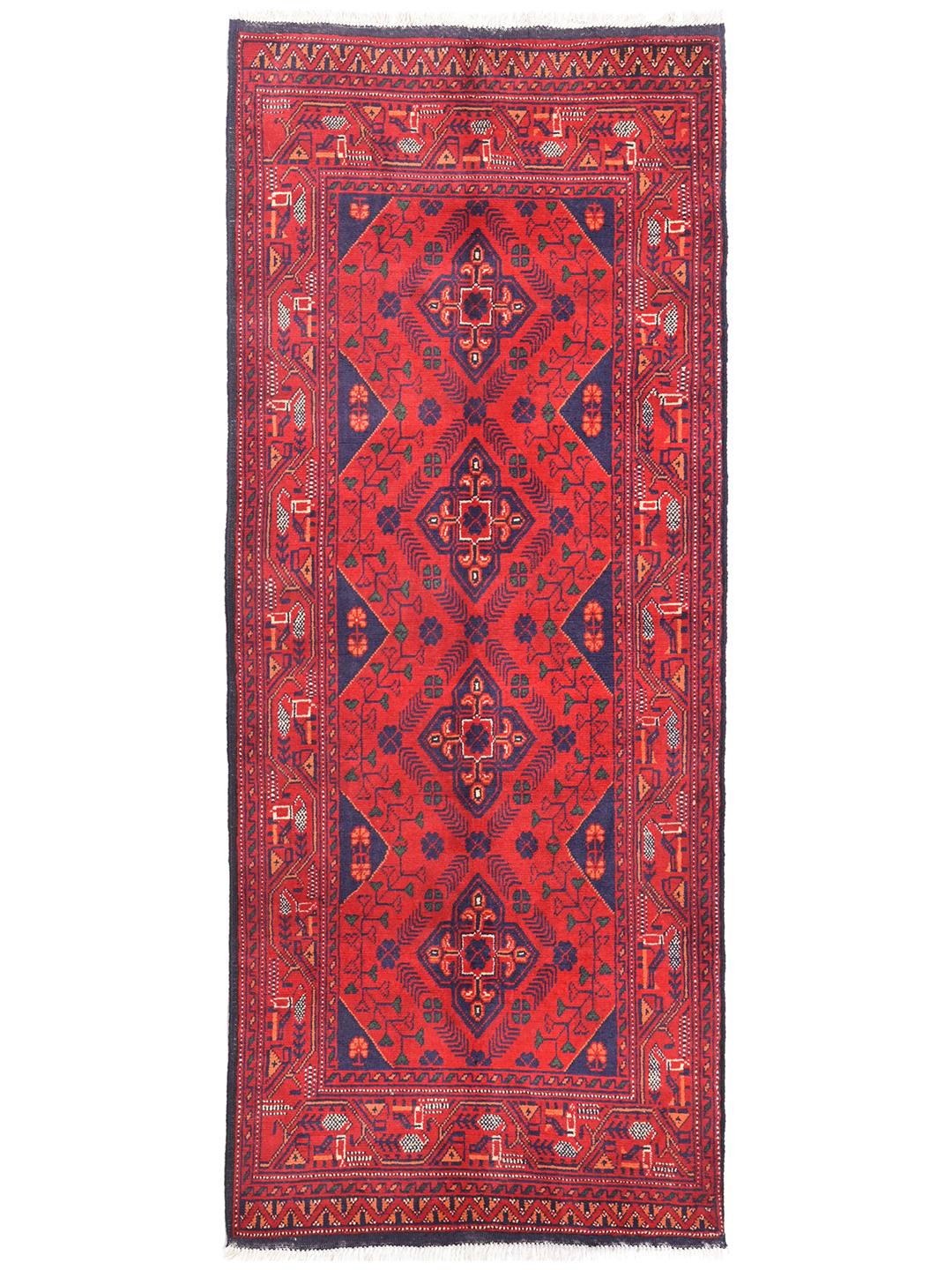 Tapis couloir en laine Afghan Khal Mohammadi noué à la main en rouge foncé et bleu foncé