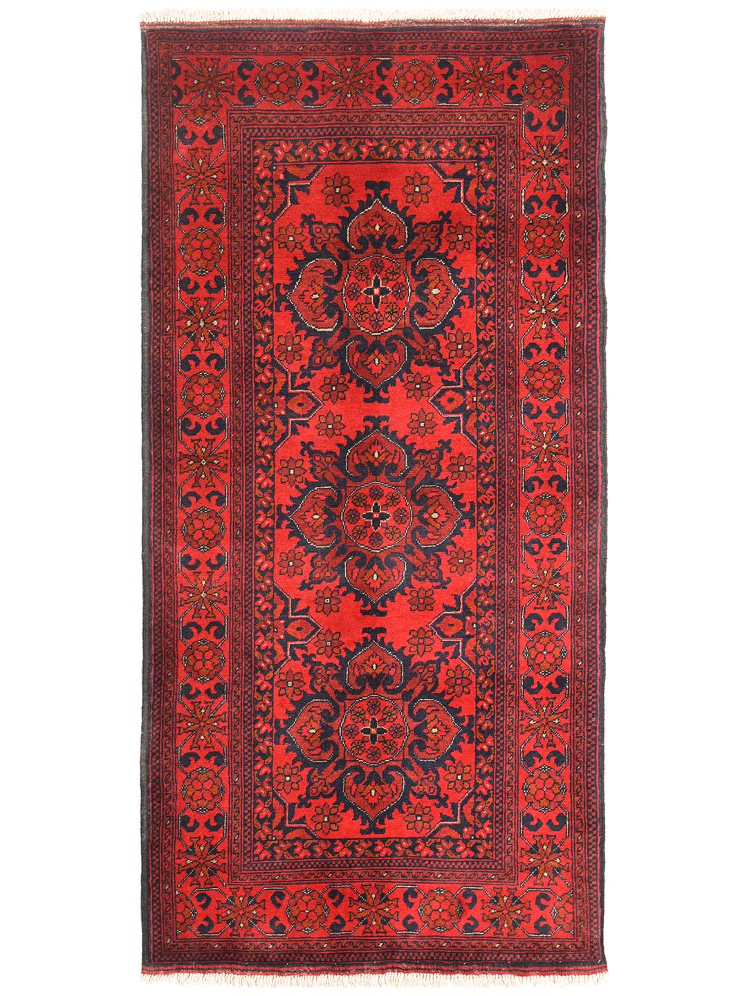 Alfombra de lana afgana Khal Mohammadi anudada a mano en rojo y azul oscuro