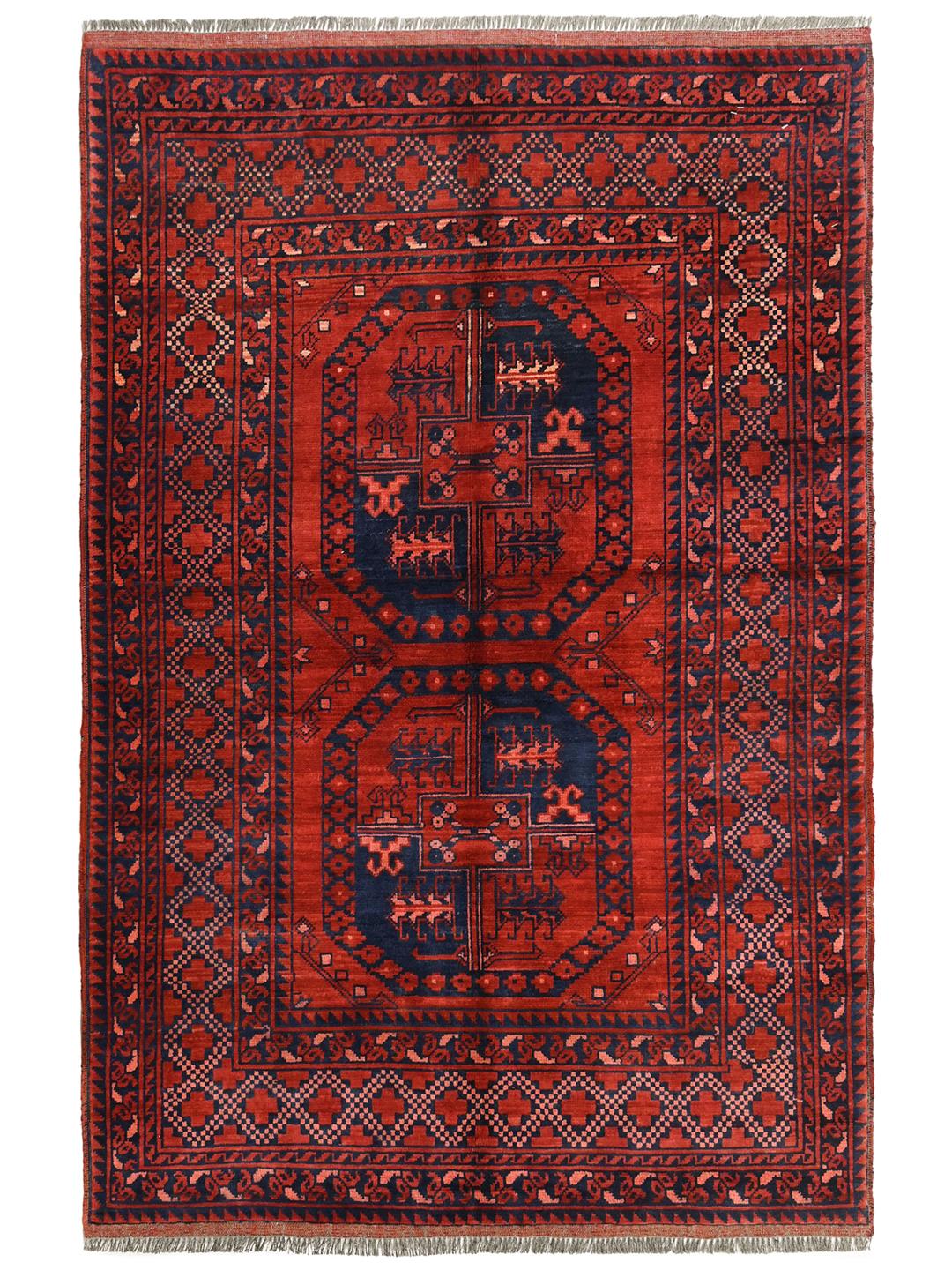 Tapis Afghan Khal Mohammadi noué à la main en rouge foncé et bleu foncé