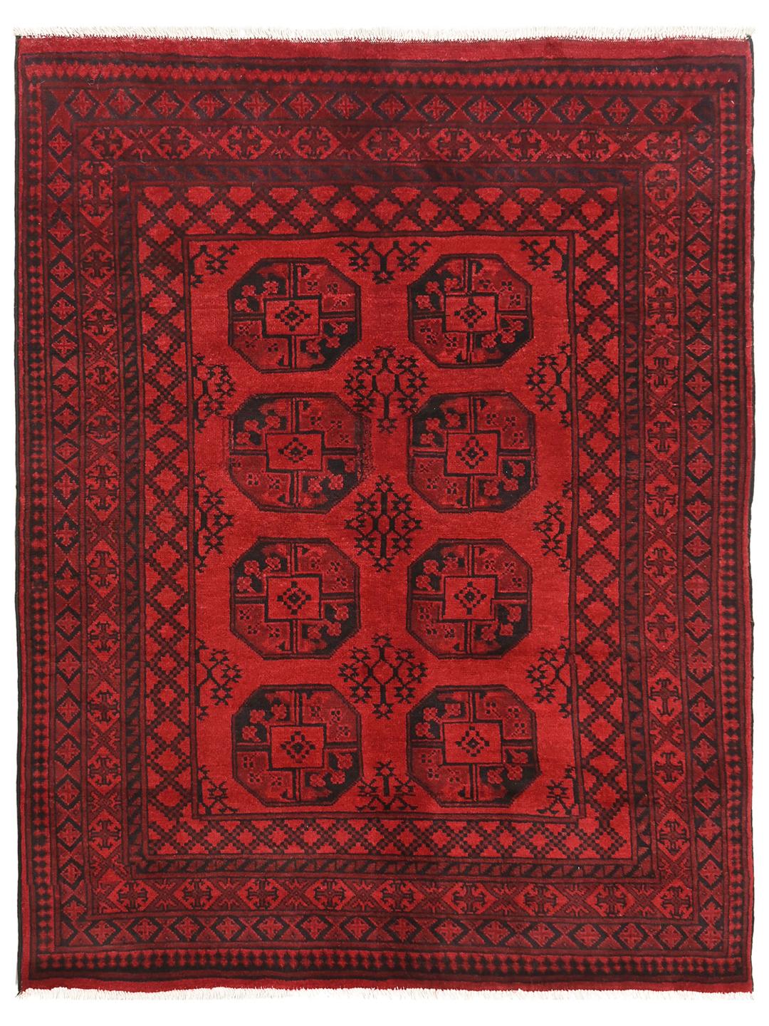 Handgeknoopt Afghaans Khal Mohammadi wollen tapijt in rood en donkergrijs