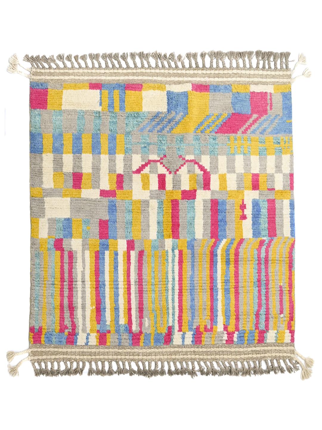 Handgeknoopt multicolor wollen vloerkleed uit Afghanistan met geometrische stammenpatronen