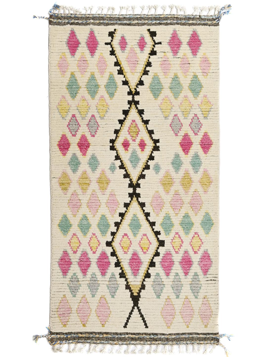 Tapis multicolore en laine noue a la main en provenance d'Afghanistan avec des motifs de diamants geometriques