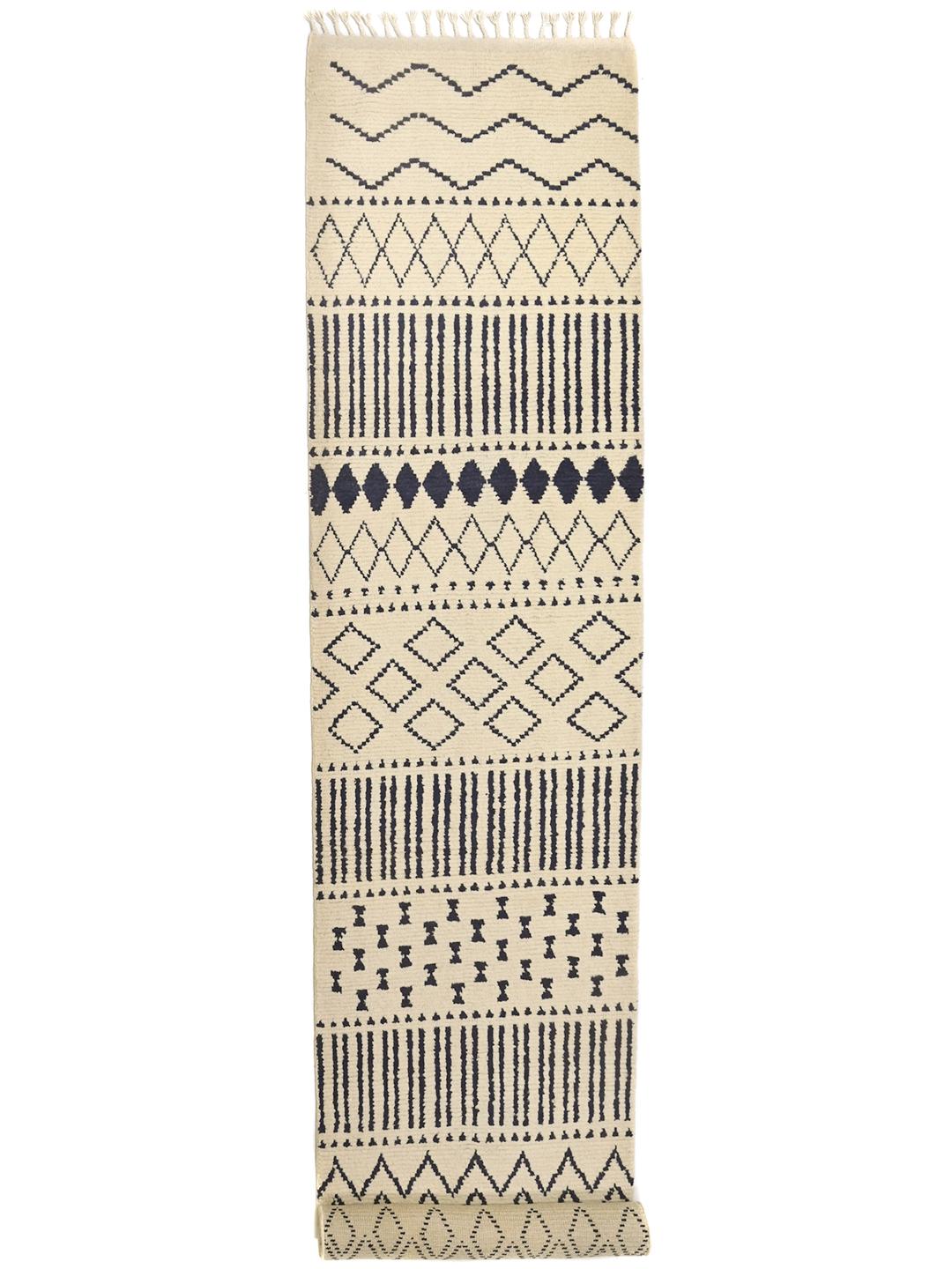 Hand-knotted wool runner rug from Afghanistan in beige and dark blue