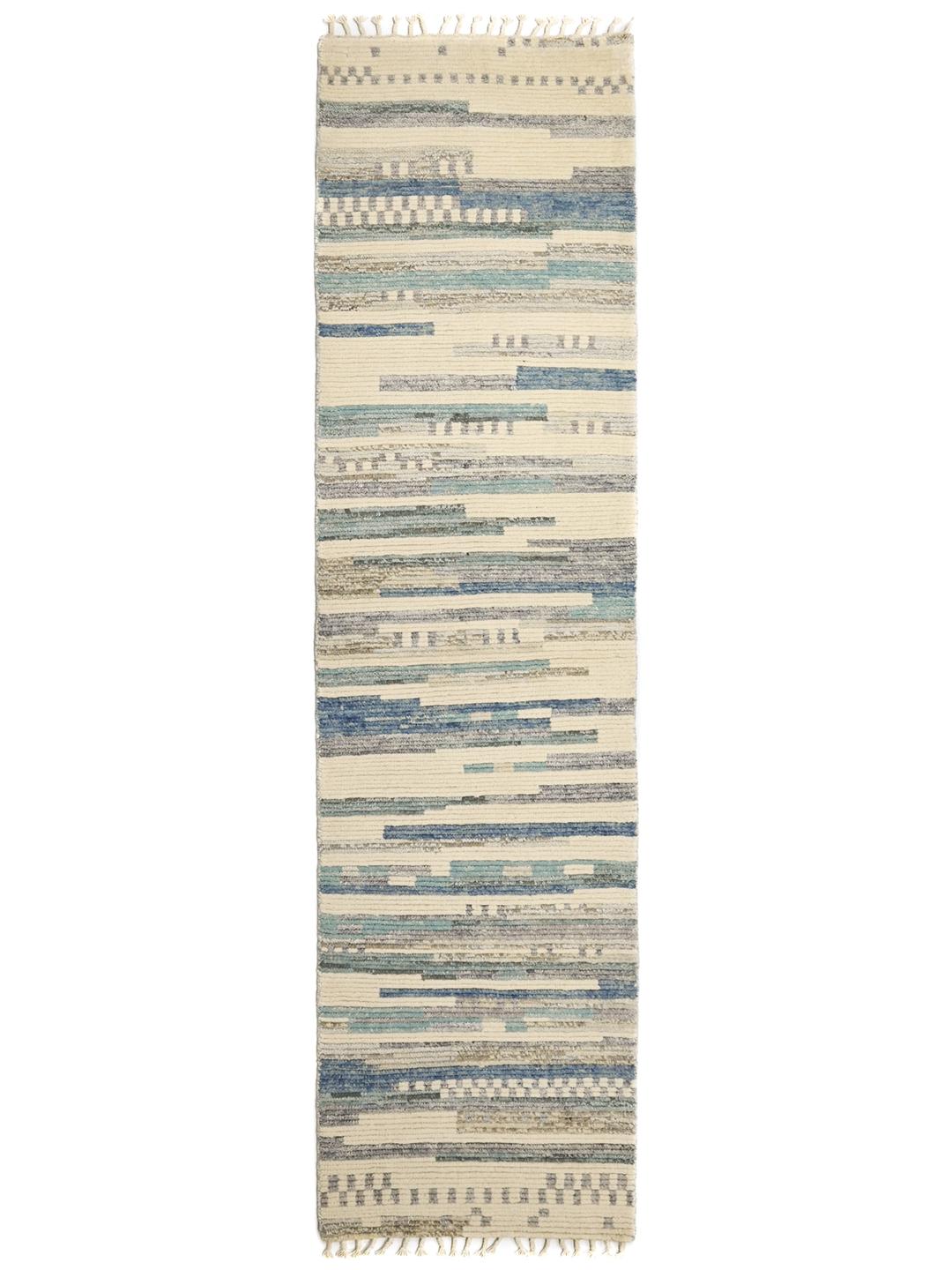 Hand-knotted Afghan wool runner in white and blue with abstract stripes